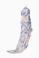 Blonde Model Wearing Briony Asymmetrical Maxi Dress in Floral ghost Shot
