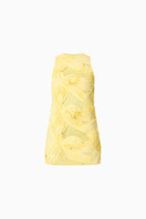 Brunette model wearing Asher Mini Shift Dress in Yellow ghost shot
