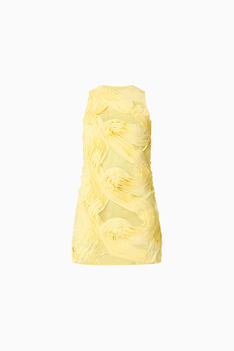 Brunette model wearing Asher Mini Shift Dress in Yellow ghost shot