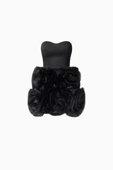 Blonde model wearing Asher Strapless Mini Dress in Black ghost shot