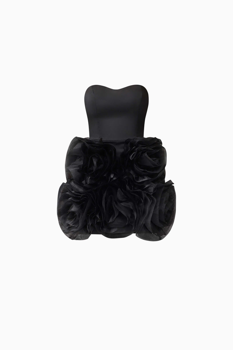 Blonde model wearing Asher Strapless Mini Dress in Black ghost shot