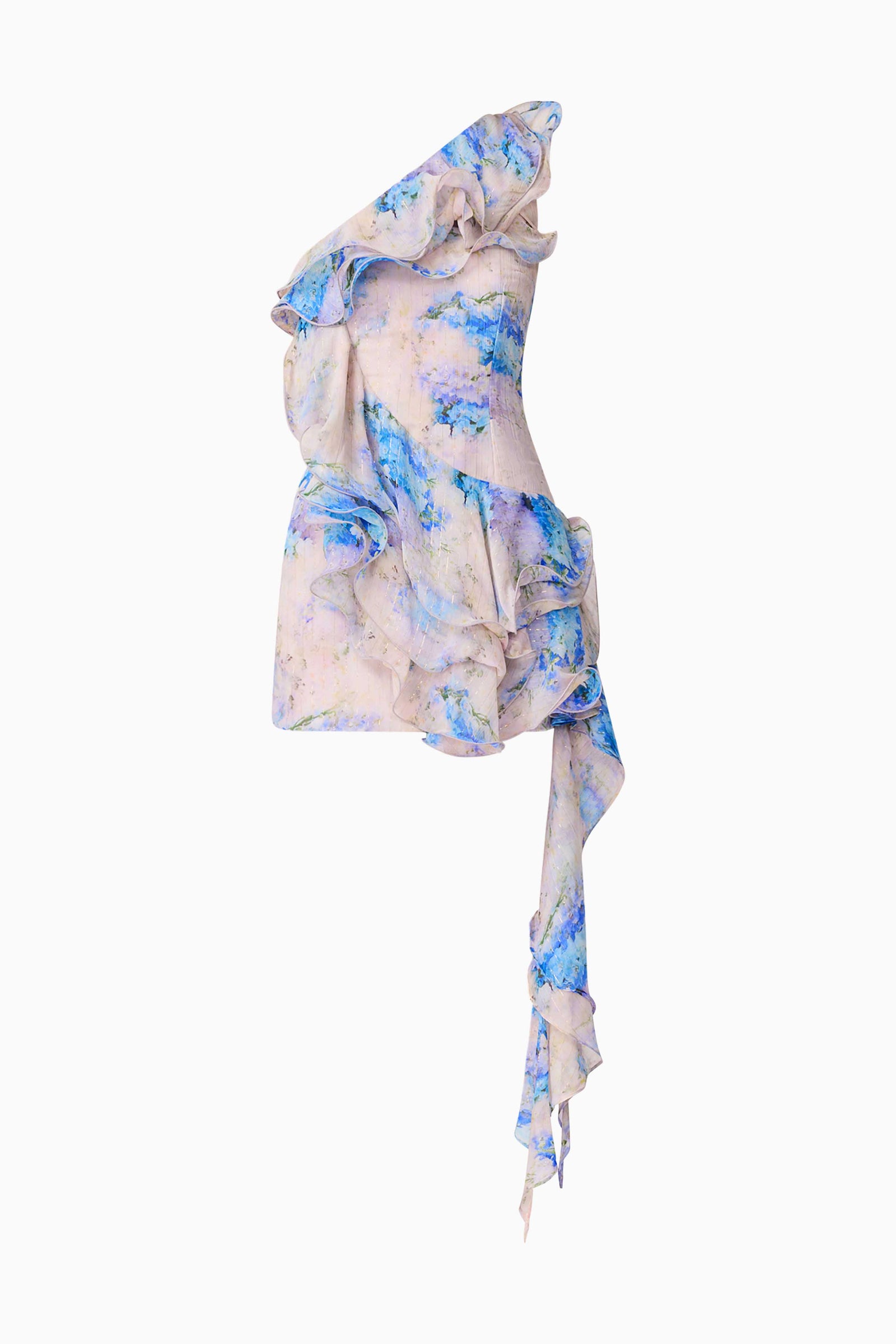Briony Asymmetrical Mini Dress in Pink & Blue Floral | Side Frill Detail Elliatt Briony Asymmetrical Mini Dress in Pink & Blue Floral | Side Frill Detail Elliatt