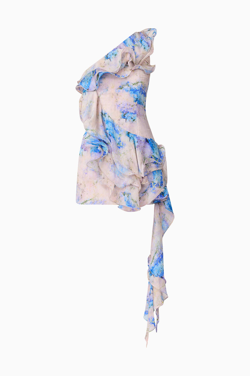 Brunette Model Wearing Briony Asymmetrical Mini Dress in Floral ghost Shot