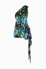 Brunette Model Wearing Briony Asymmetrical Mini Dress in Black & Blue Floral ghost Shot