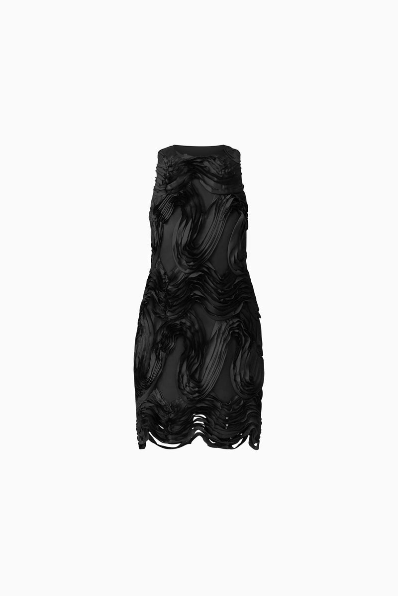 Blonde model wearing Asher Mini Shift Dress in Black ghost shot