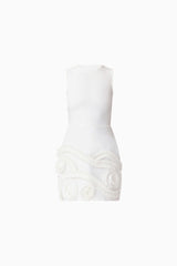 Blonde model wearing the Sonya Tulip Mini Dress in White ghost shot
