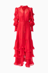 Blonde model wearing Lilja Long Sleeve Maxi Dress in Red ghost shot