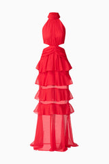 Blonde model wearing Lilja Halter Neck Maxi Dress in Red close up ghost shot