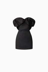 Brunette model wearing Sharon Strapless Mini Dress in Black ghost shot