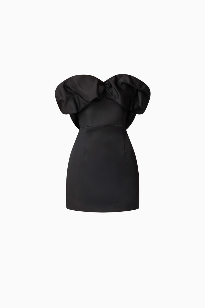 Brunette model wearing Sharon Strapless Mini Dress in Black ghost shot
