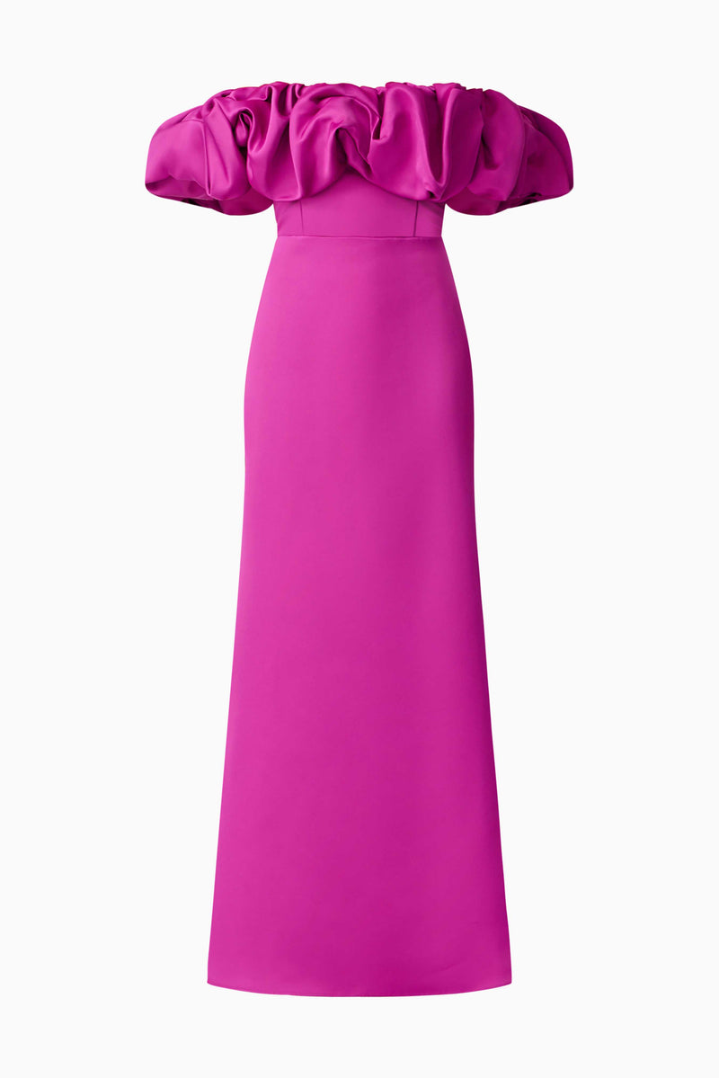 Blonde model wears Sharon Off The Shoulder Midi Dress in Purple ghost shot