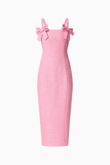 Blonde model wearing Alia Fitted Midi Dress In Pink ghost shot
