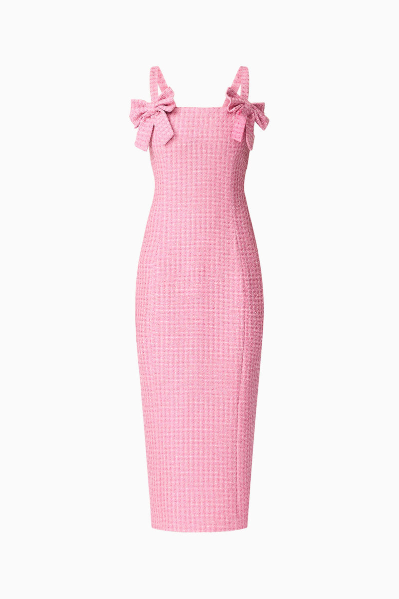 Blonde model wearing Alia Fitted Midi Dress In Pink ghost shot