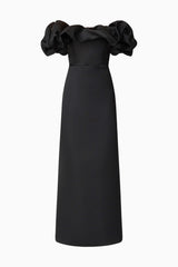 Blonde model wearing Sharon Off The Shoulder Midi Dress in Black ghost shot