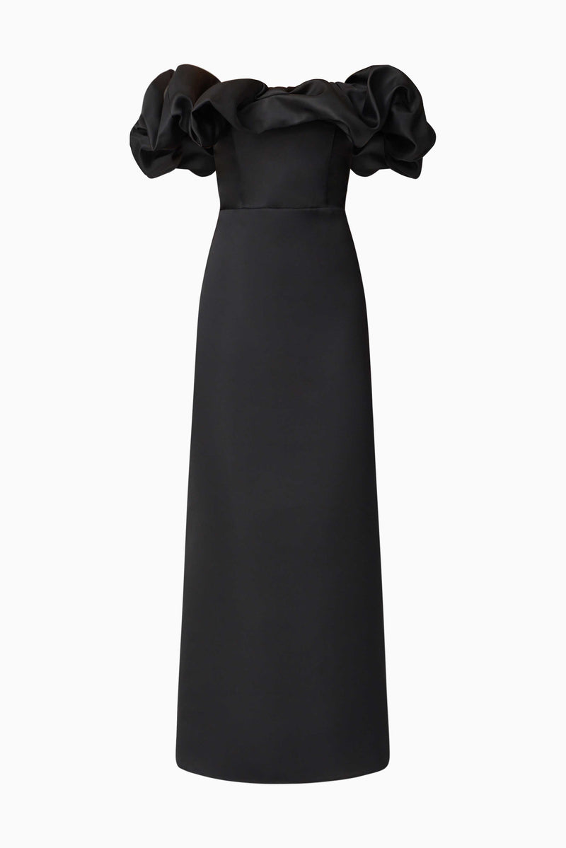 Blonde model wearing Sharon Off The Shoulder Midi Dress in Black ghost shot