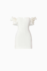Brunette model wearing Nola Off The Shoulder Mini Dress in White ghost shot