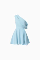 Brunette model wearing Elinor One Shoulder Mini Dress in Blue ghost shot
