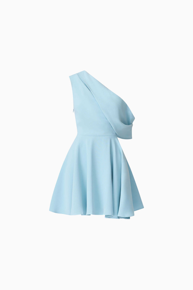 Brunette model wearing Elinor One Shoulder Mini Dress in Blue ghost shot