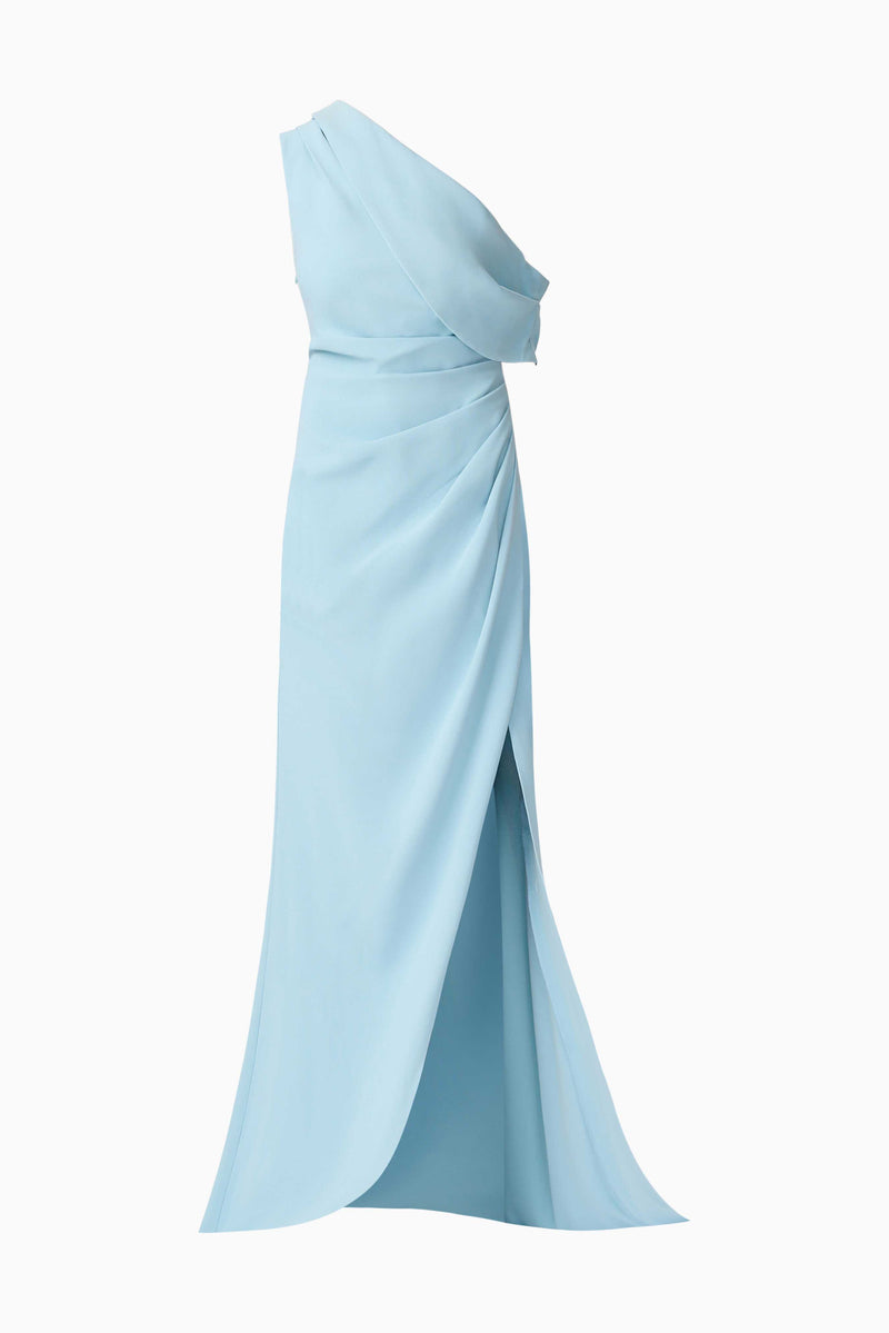 Blonde model wearing Isadora Off The Shoulder Gown in Blue ghost shot