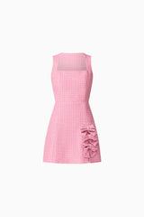 Brunette model wearing Alia A Line Mini Dress in Pink ghost shot