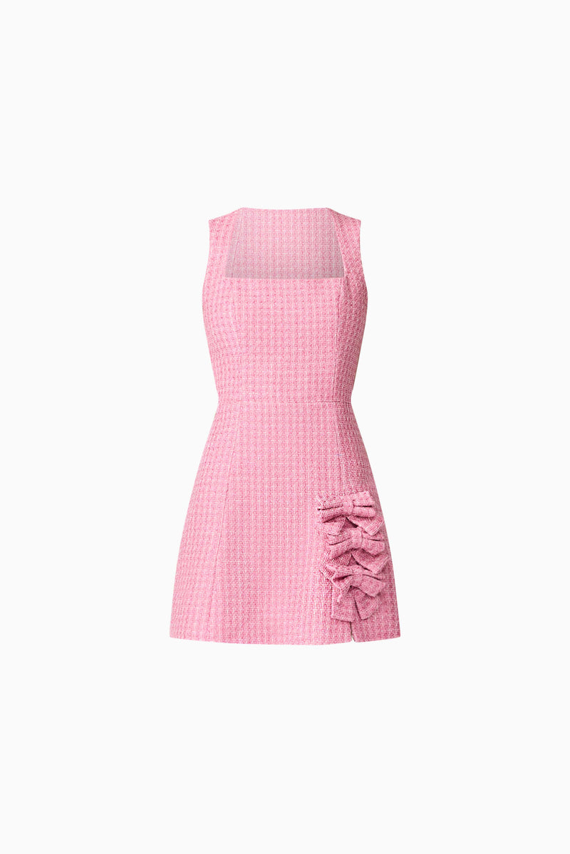 Brunette model wearing Alia A Line Mini Dress in Pink ghost shot