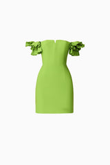 Brunette model wearing Nola Off The Shoulder Mini Dress in Green ghost shot