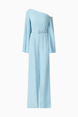 Blonde model wearing Elinor Asymmetrical Jumpsuit in Blue ghost shot