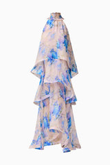 Blonde Model wearing Briony Tiered Gown in Pink & Blue Floral ghost shot