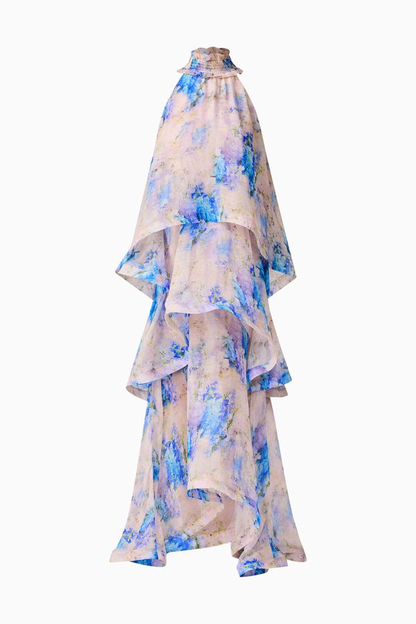 Blonde Model wearing Briony Tiered Gown in Pink & Blue Floral ghost shot