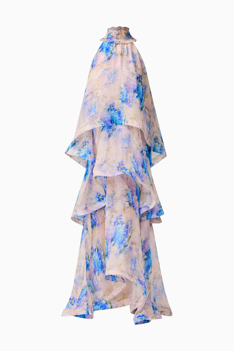 Blonde Model wearing Briony Tiered Gown in Pink & Blue Floral ghost shot