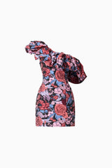 Brunette model wearing Delphine One Shoulder Mini Dress in Pink & Black Floral ghost shot