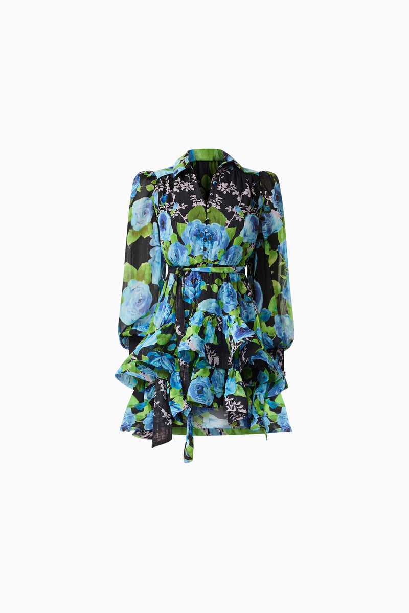 Briony Long Sleeve Mini Dress in Black Floral Tiered Skirt