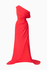 Brunette model wearing Isadora Off The Shoulder Gown in Red ghost shot