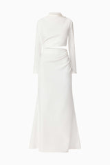 Brunette model wearing Nerissa Long Sleeve Gown in White ghost Shot
