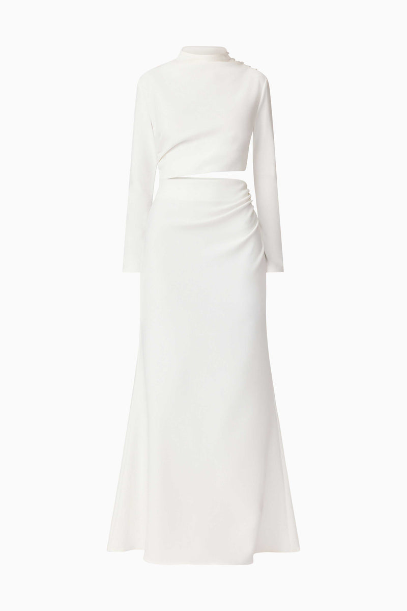 Brunette model wearing Nerissa Long Sleeve Gown in White ghost Shot
