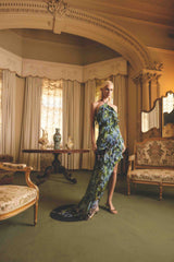 Brunette Model Wearing Briony Asymmetrical Maxi Dress in Black Floral Campaign Shot