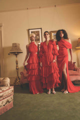 Blonde model wearing Lilja Halter Neck Maxi Dress in Red detail shot