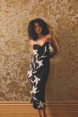 Blonde model wearing Ilaraia Sweetheart Midi Dress in Black campaign shot