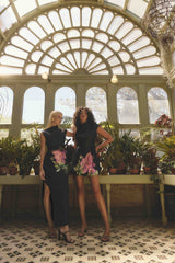 Blonde model wearing Azelie Asymmetrical Gown in Black campaign shot