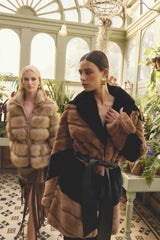 Brunette model wearing Felicia Faux Fur Coat in Black & Brown campaign shot