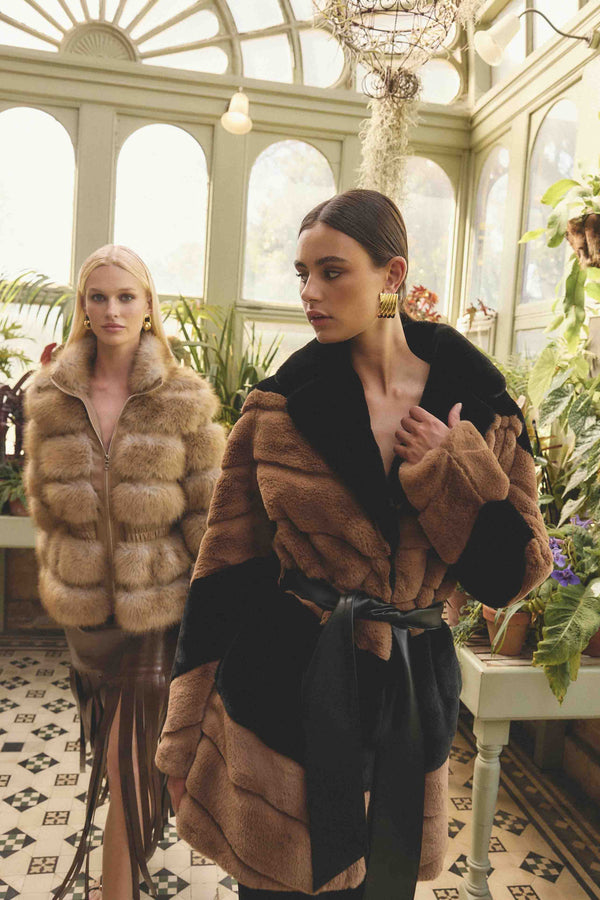 Brunette model wearing Felicia Faux Fur Coat in Black & Brown campaign shot