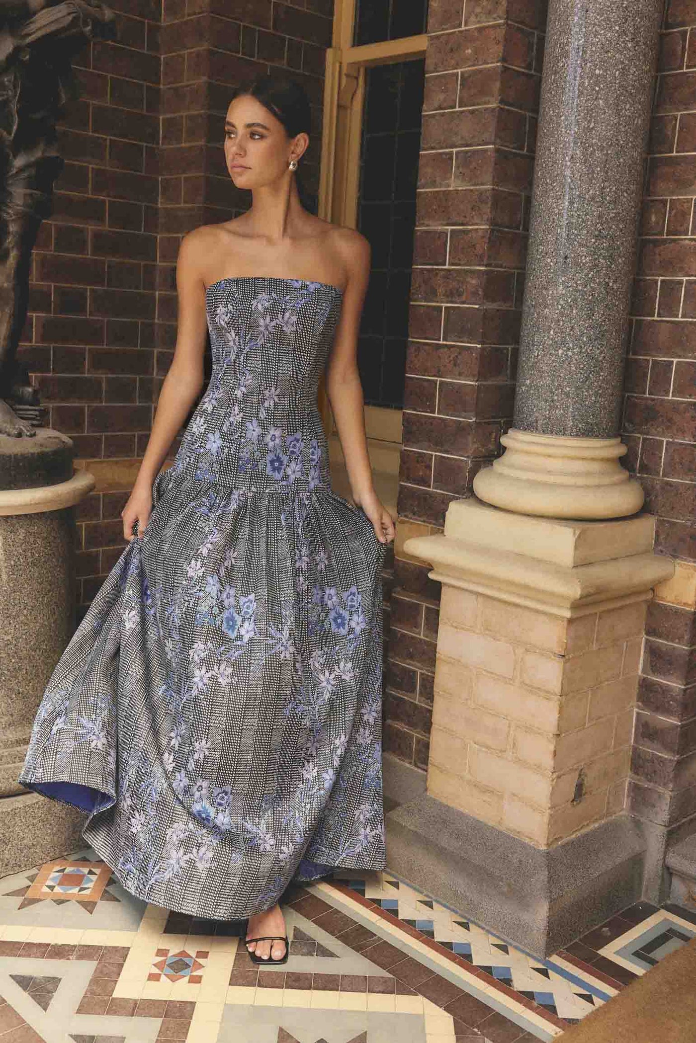navy blue dress for baby girl ELLIATT x REVOLVE Jacquard Asymmetric Gown in Blue Floral main image 1