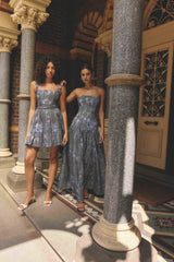 Brunette model wearing Allana Jacquard Mini Dress in Black & Blue Floral campaign shot