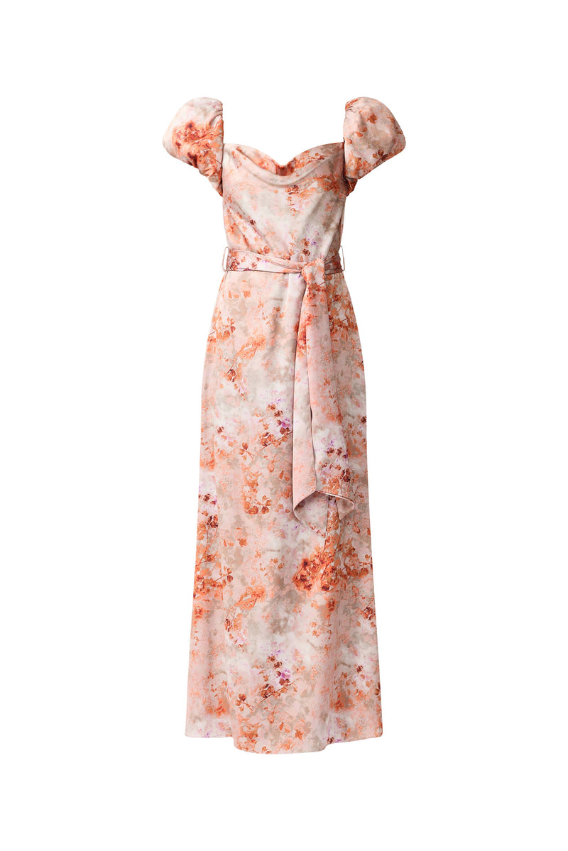 Piper Puff Sleeve Maxi Dress in Orange Floral ghost Shot