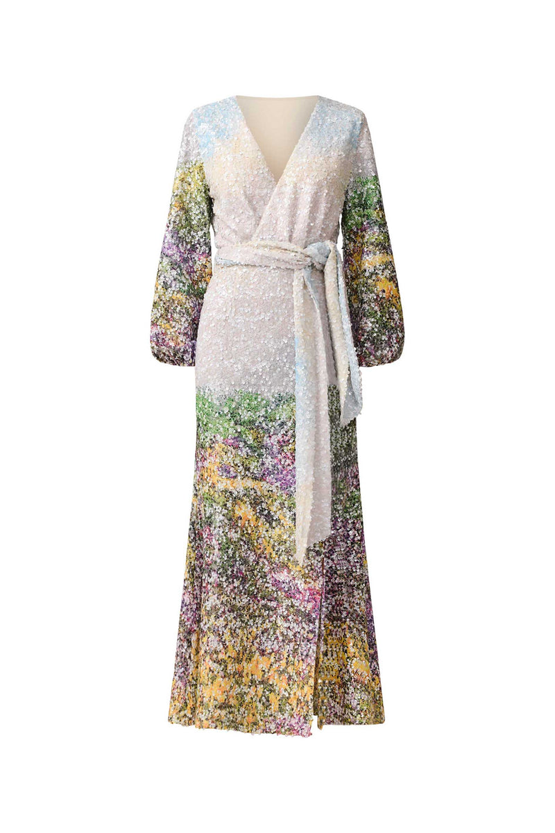 Brunette model wearing the Arden Long Sleeve Gown in Multi Ombre ghost posed shot