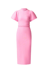 Coralene Puff Sleeve Midi Dress in Pink ghost shot