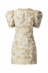 Brunette model wearing Tasmin Puff Sleeve Mini Dress in Blue & Yellow Floral ghost Shot
