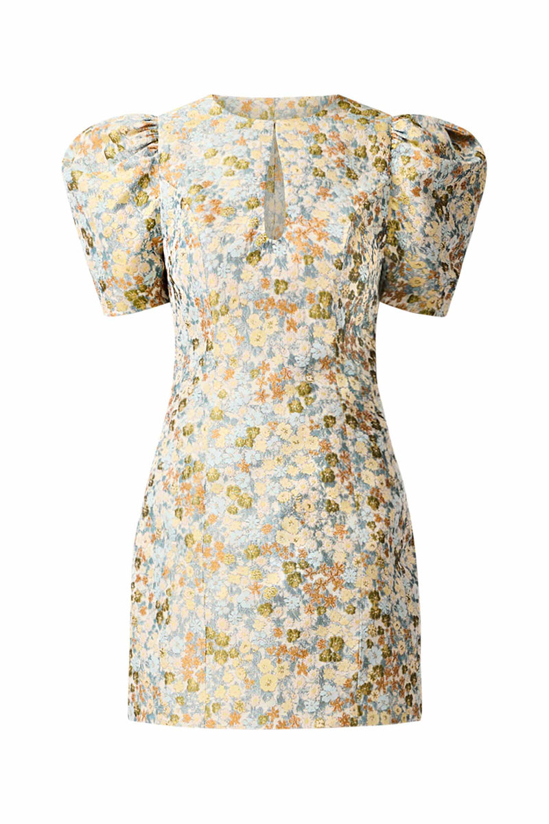 Brunette model wearing Tasmin Puff Sleeve Mini Dress in Blue & Yellow Floral ghost Shot