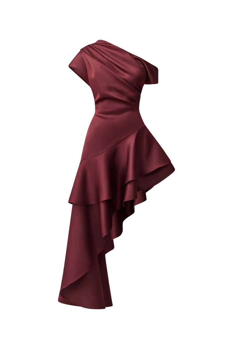 Livia Asymmetrical Gown in Burgundy | Frill Tiers & Satin Finish Elliatt Livia Asymmetrical Gown in Burgundy | Frill Tiers & Satin Finish Elliatt