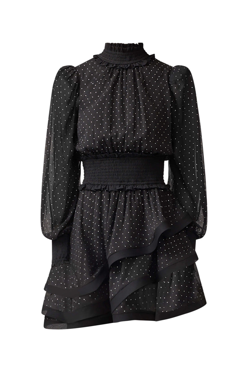 Brunette model wearing the Moss Long Sleeve Mini Dress in Black ghost shot